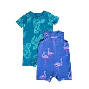 Tea Collection Sea Turtle and Flamingo Romper 2 Piece Bundle Set Size 9-12 Month